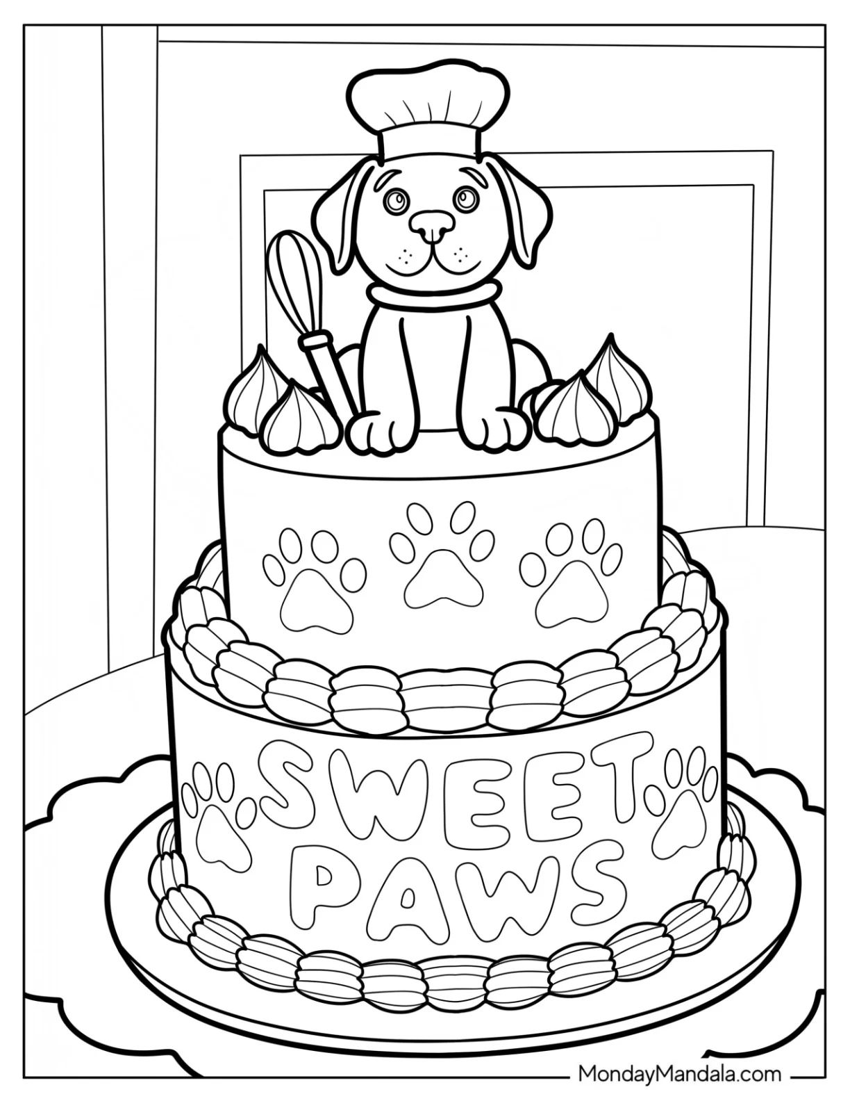 Dog Cake Coloring Page with Puppy Topper and Sweet Paws Text coloring page