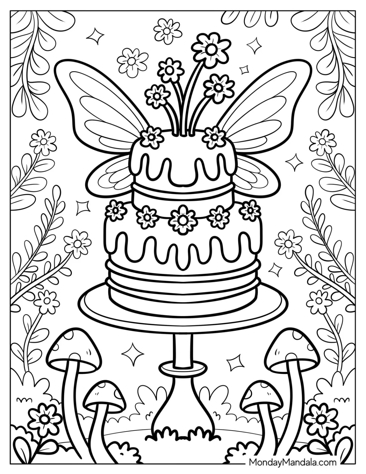 Fantasy Cake Coloring Page with Flowers and Butterfly Wings for Kids coloring page