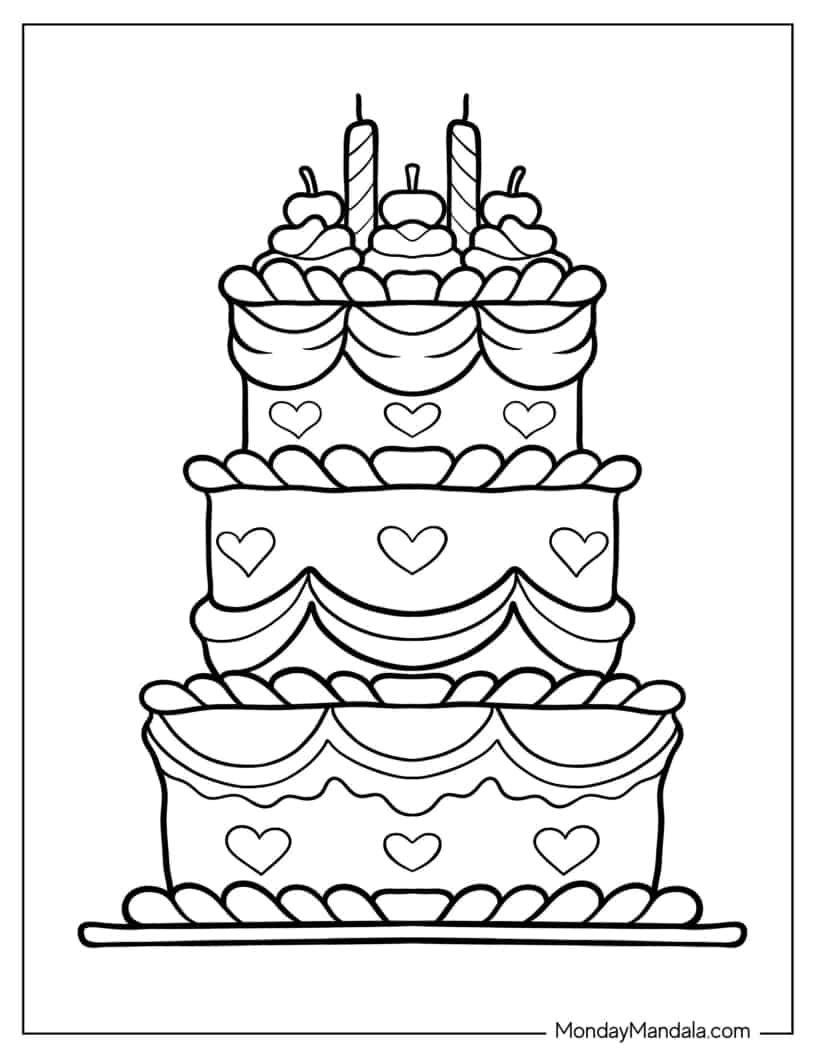 Grand Tiered Cake With Hearts coloring page