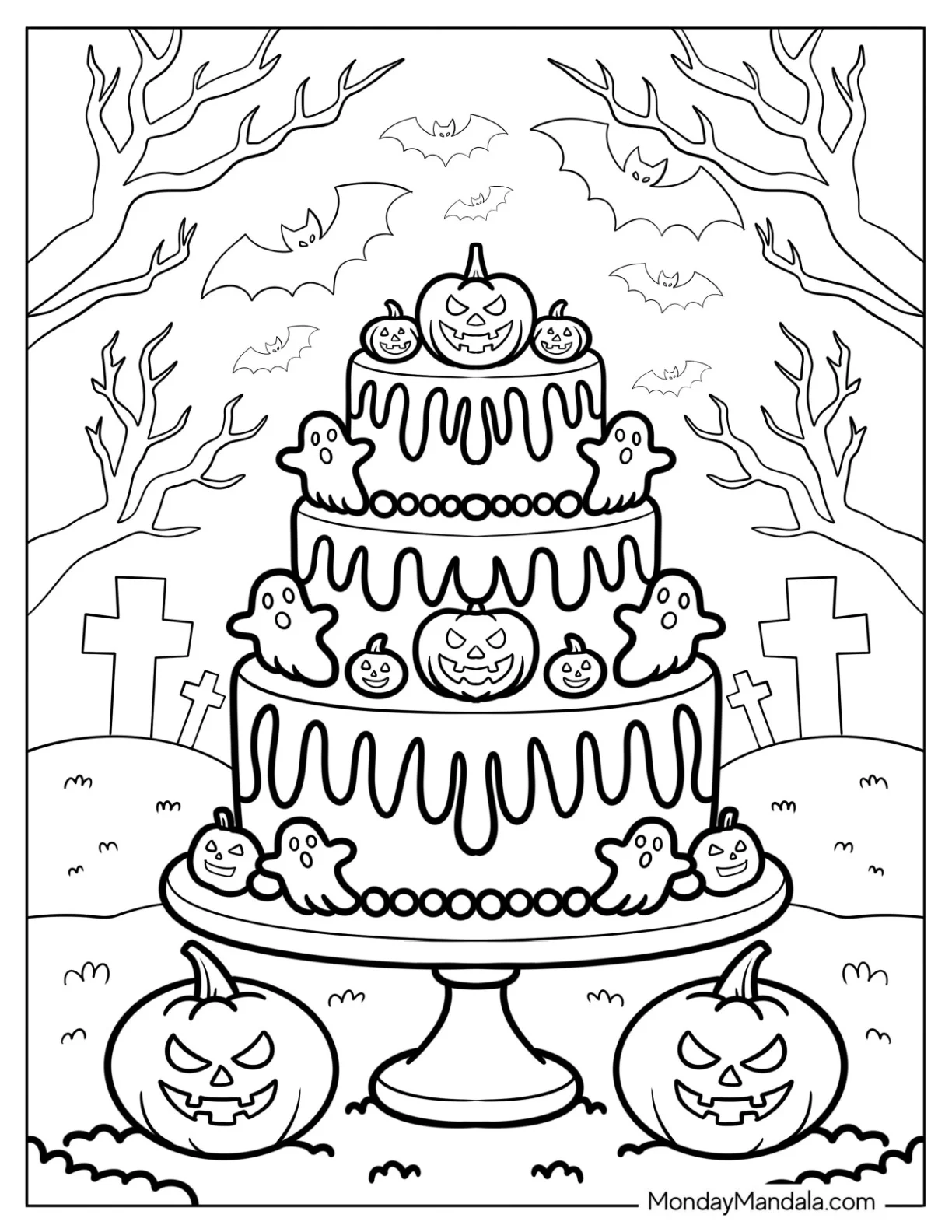 Halloween Tiered Cake Coloring Page with Ghosts and Jack o Lanterns in Haunted Forest coloring page