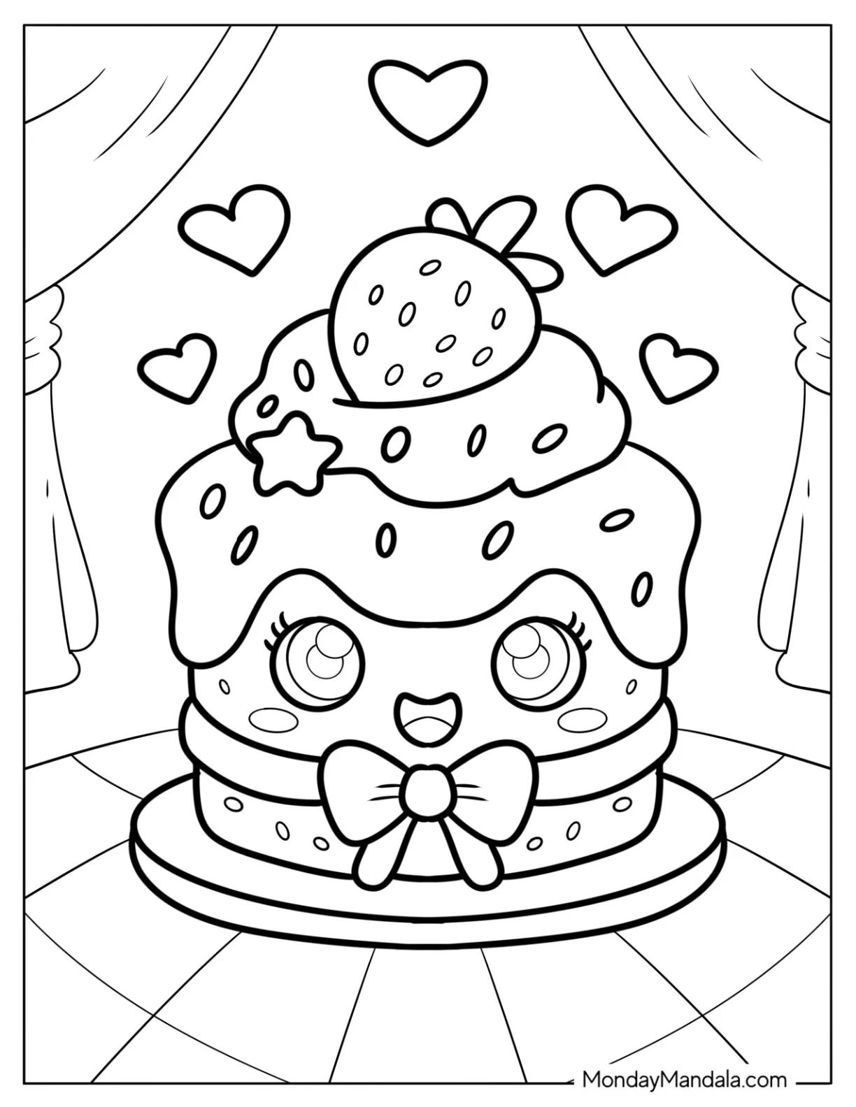 Kawaii Strawberry Cake Coloring Page with Smiling Face and Bow for Preschoolers coloring page