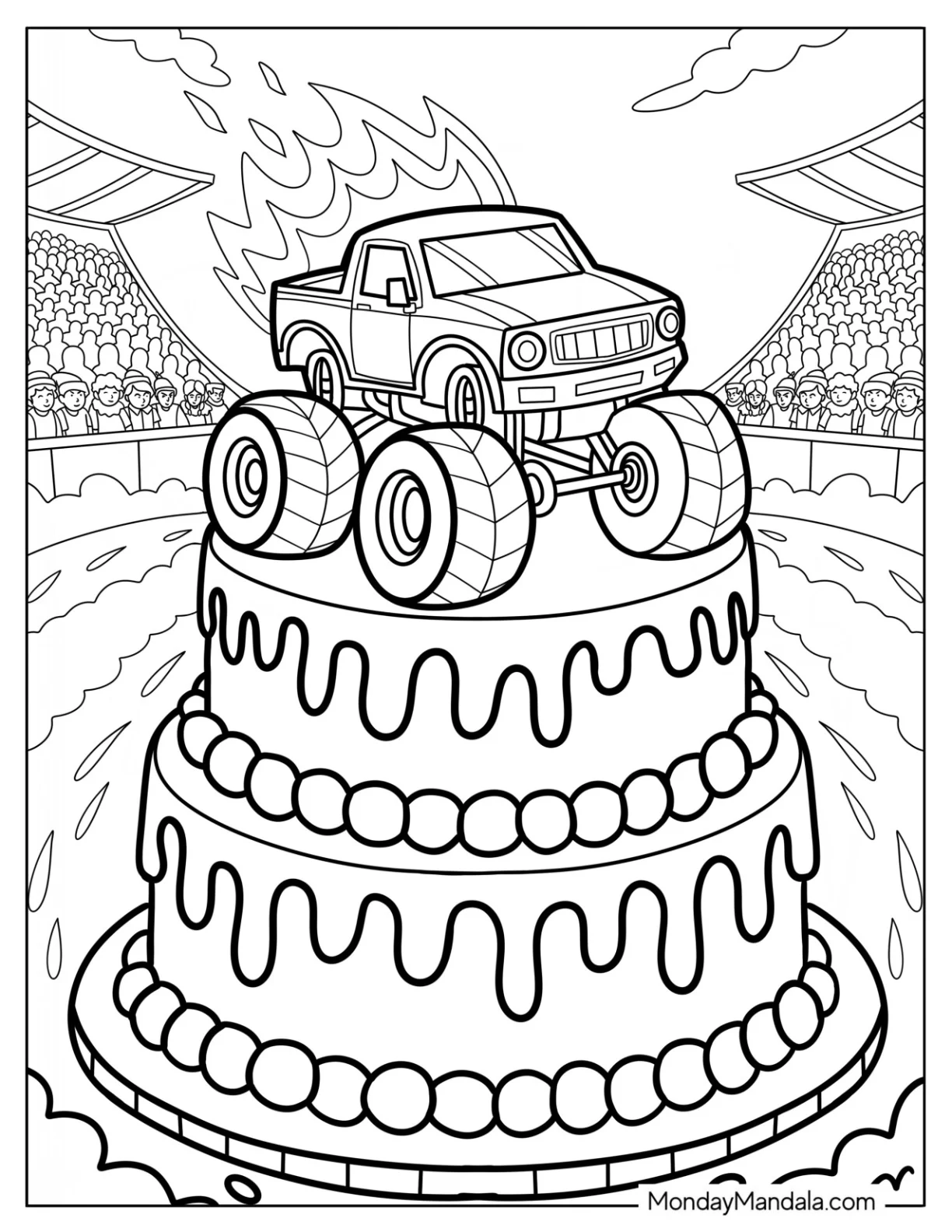 Large Monster Truck Cake Coloring Page in a Stadium coloring page — printable line art