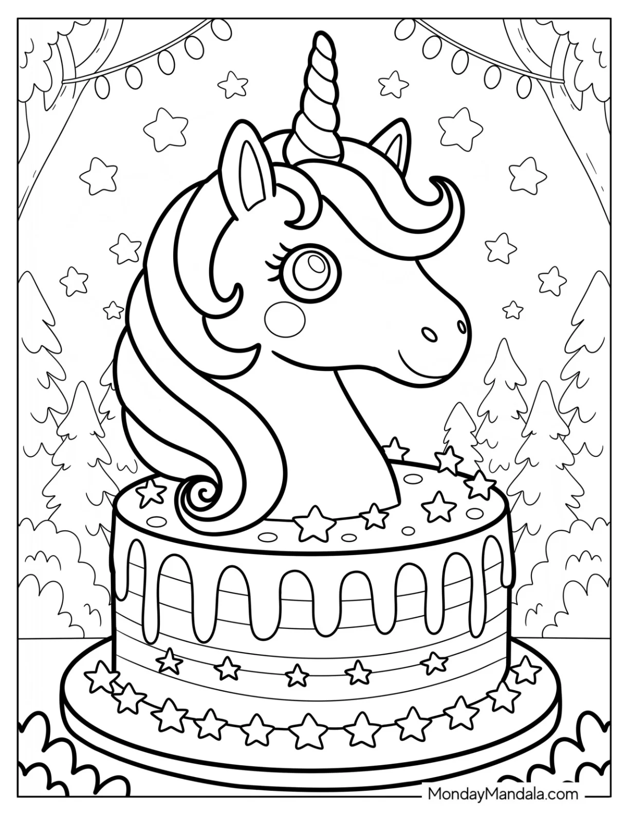 Magical Unicorn Cake Coloring Page with Stars and Melted Frosting for Kids coloring page