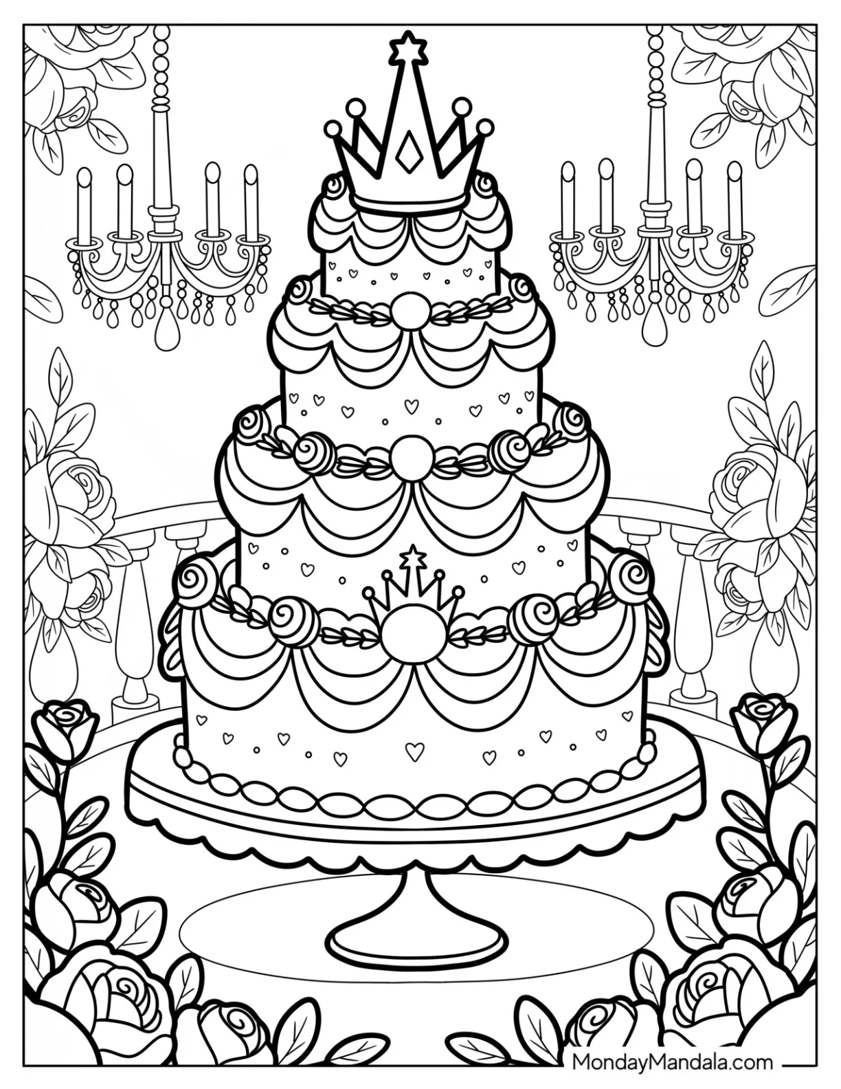 Majestic Tiered Cake Coloring Page with Crown Topper on Rosy Balcony coloring page