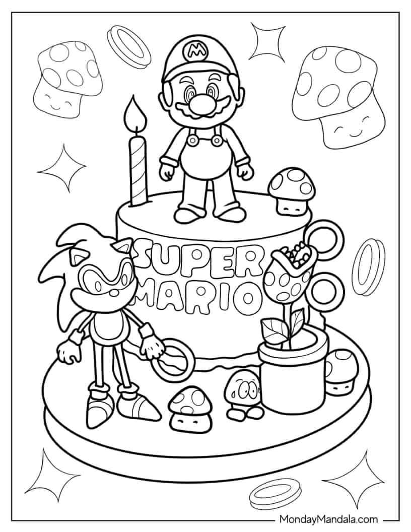 Mario And Sonic Birthday Cake Coloring In For Kids coloring page