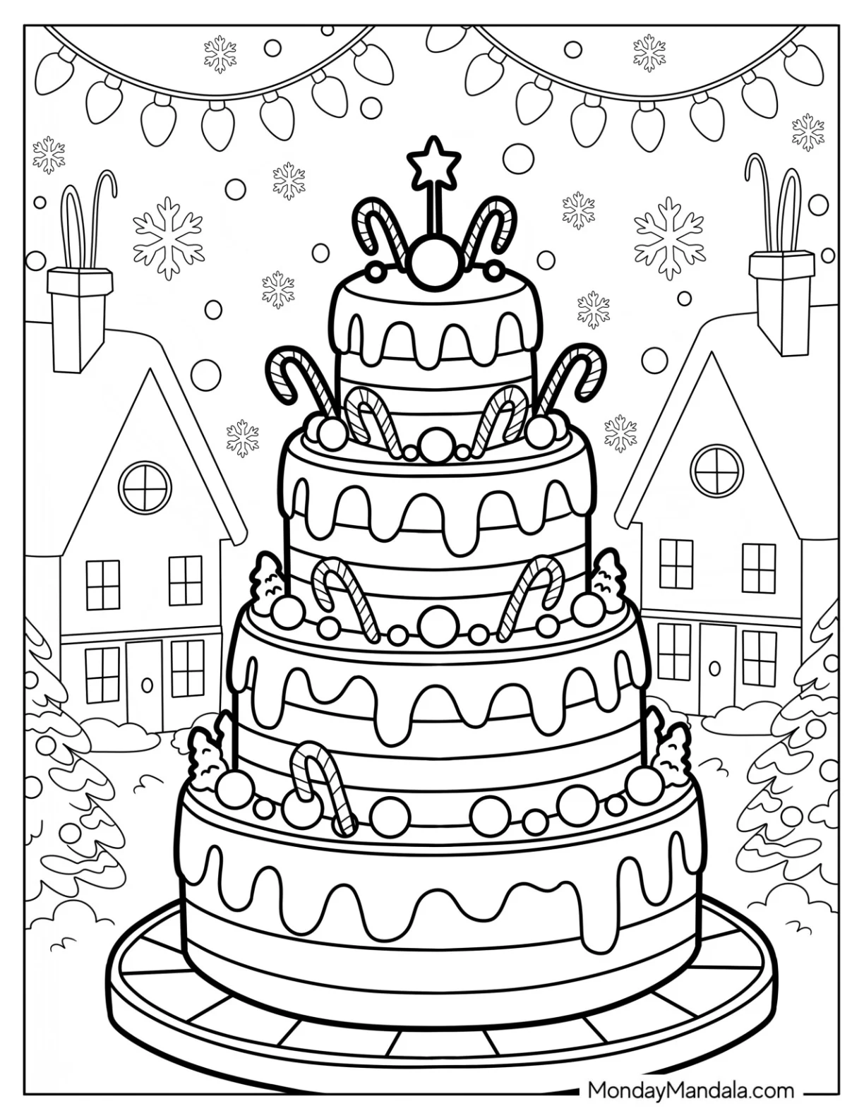 Multi Tiered Christmas Cake Coloring Page with Candy Canes for Kids coloring page