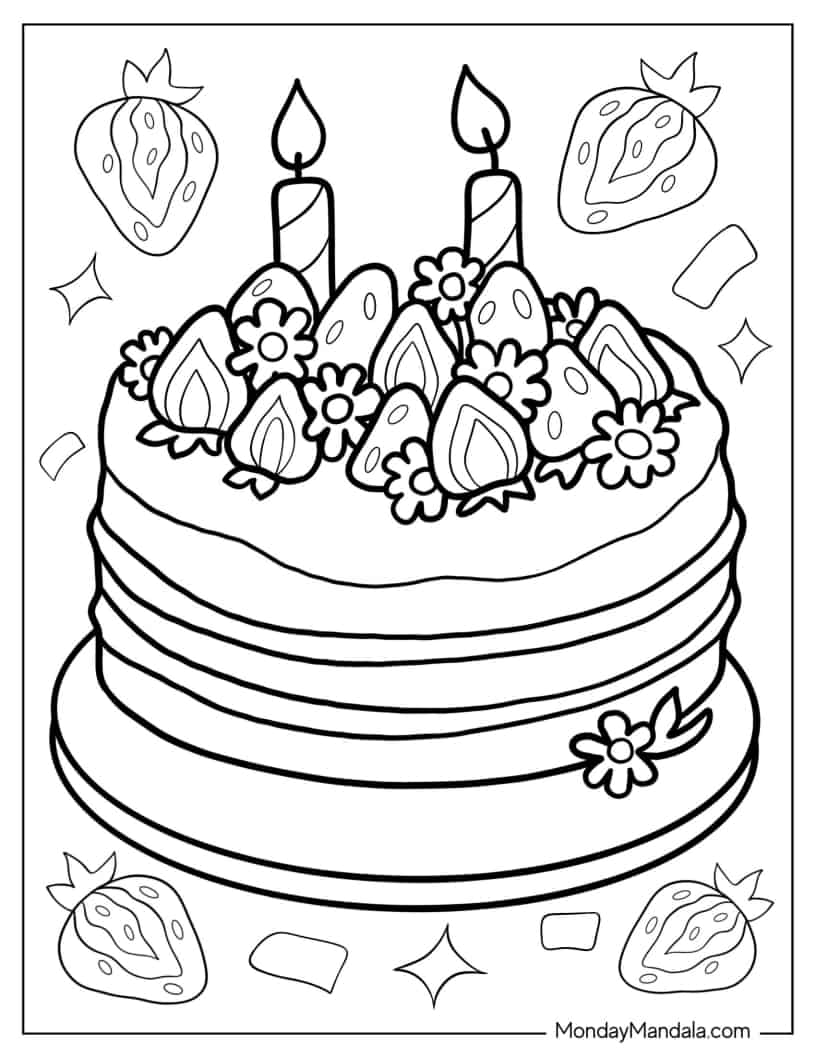 Naked Cake With Strawberry Toppers Coloring Sheet coloring page
