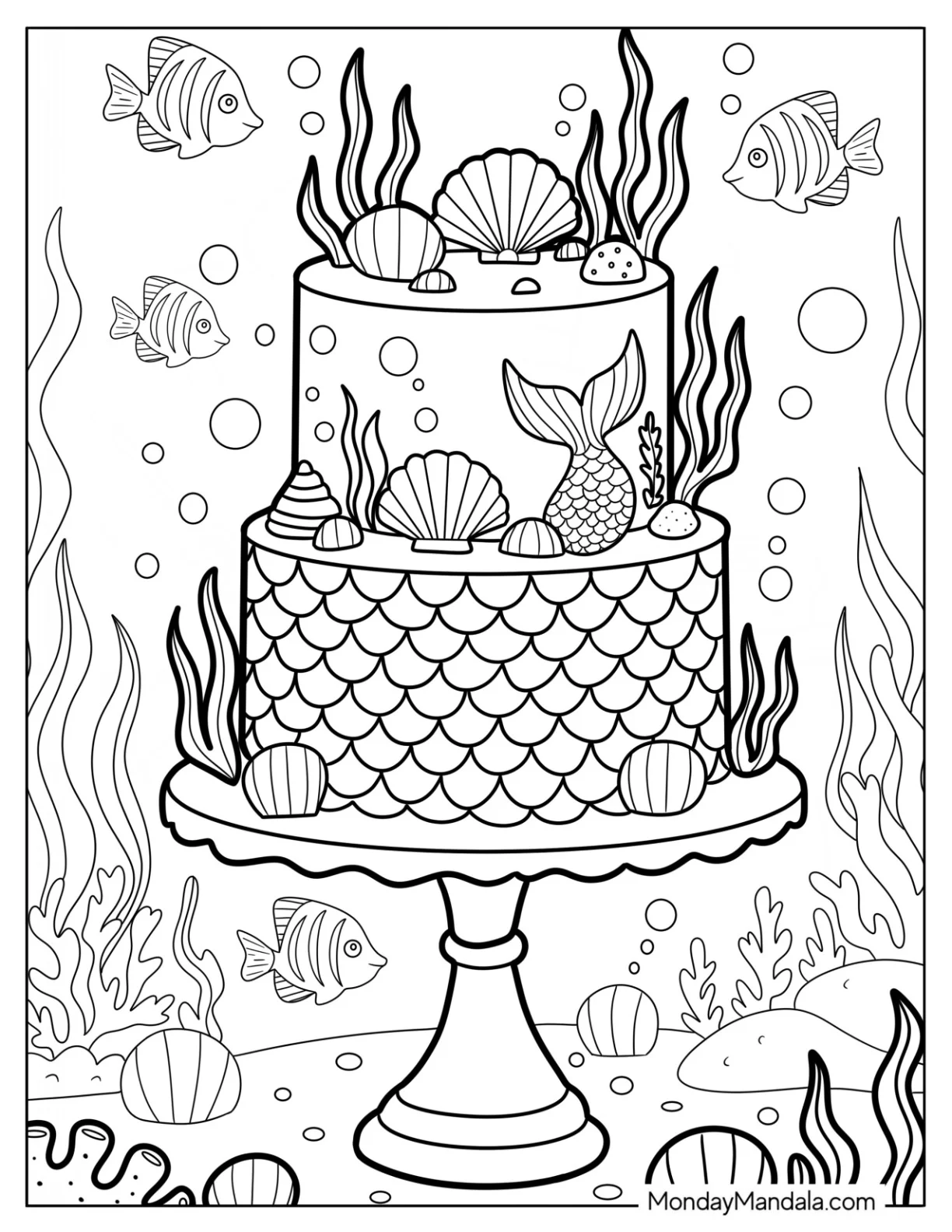 Ocean Themed Cake Coloring Page with Seashells and Seaweed Decor coloring page
