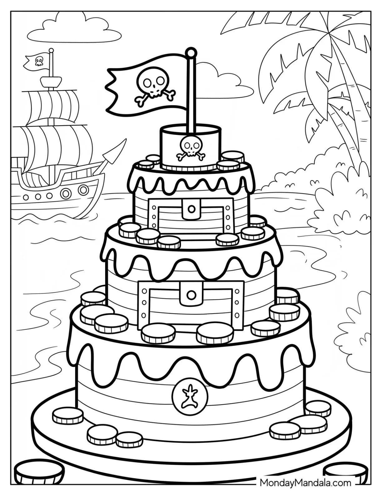 Pirate Themed Cake Coloring Page with Cold Coins and Skull Flag on Beach coloring page