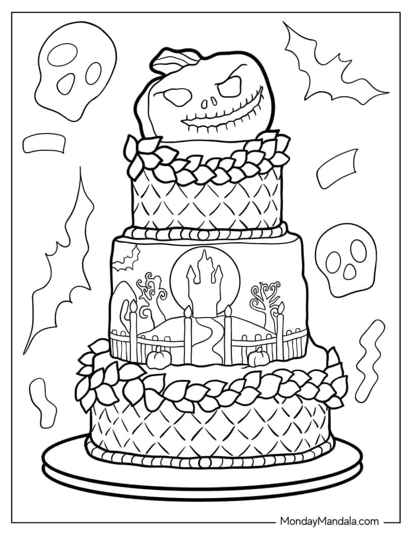Spooky Tiered Halloween Cake coloring page