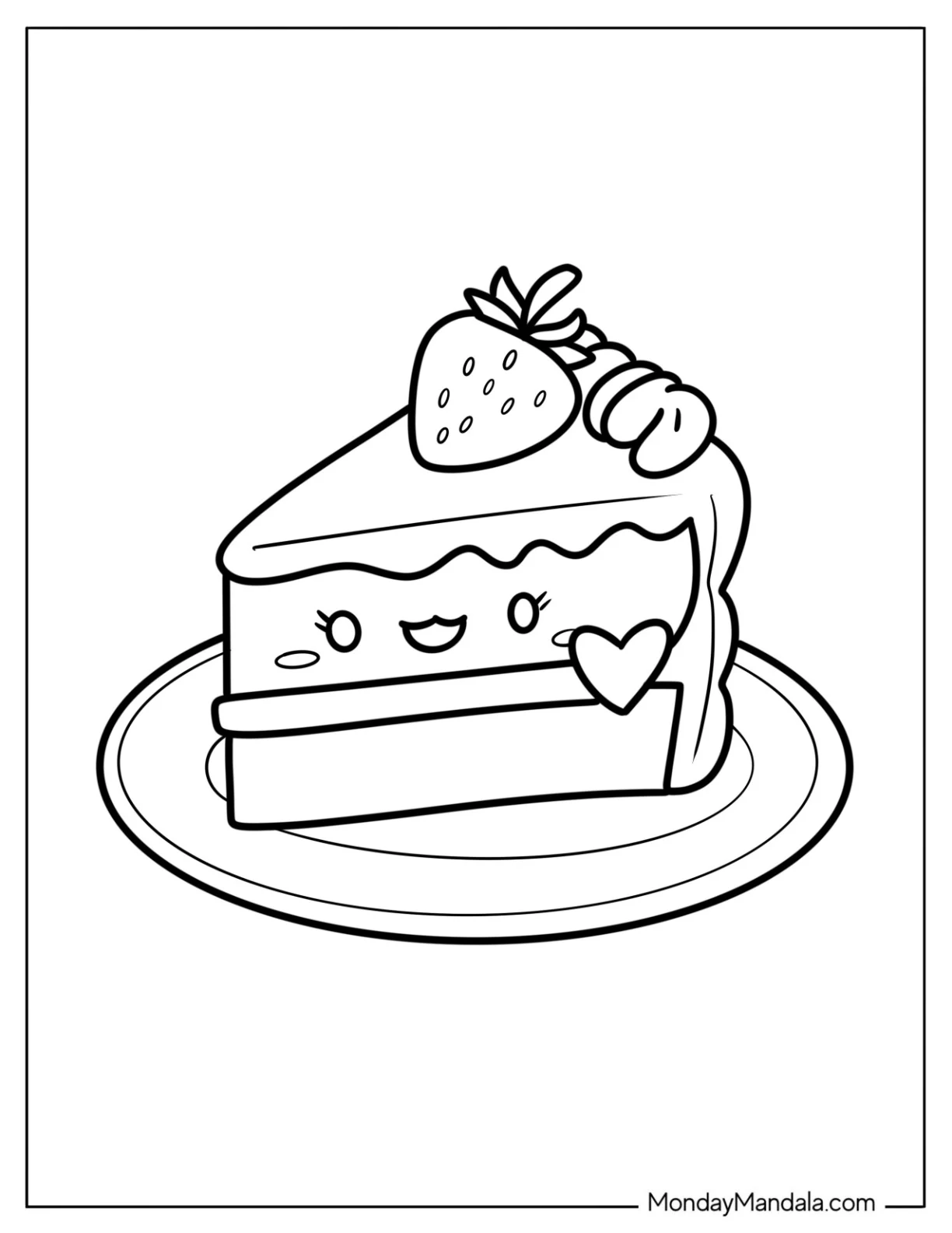 Strawberry Cake Coloring Page Slice on a Plate for Kids coloring page