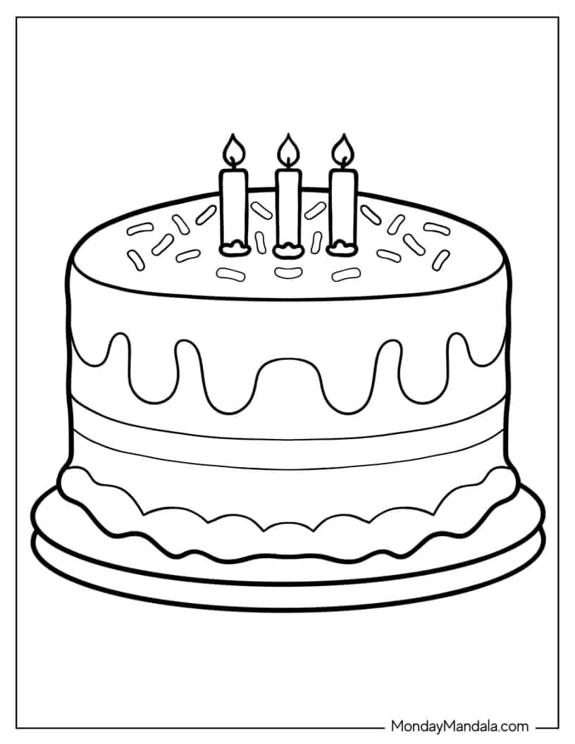 Third Birthday Cake Coloring Page For Preschoolers coloring page — printable line art