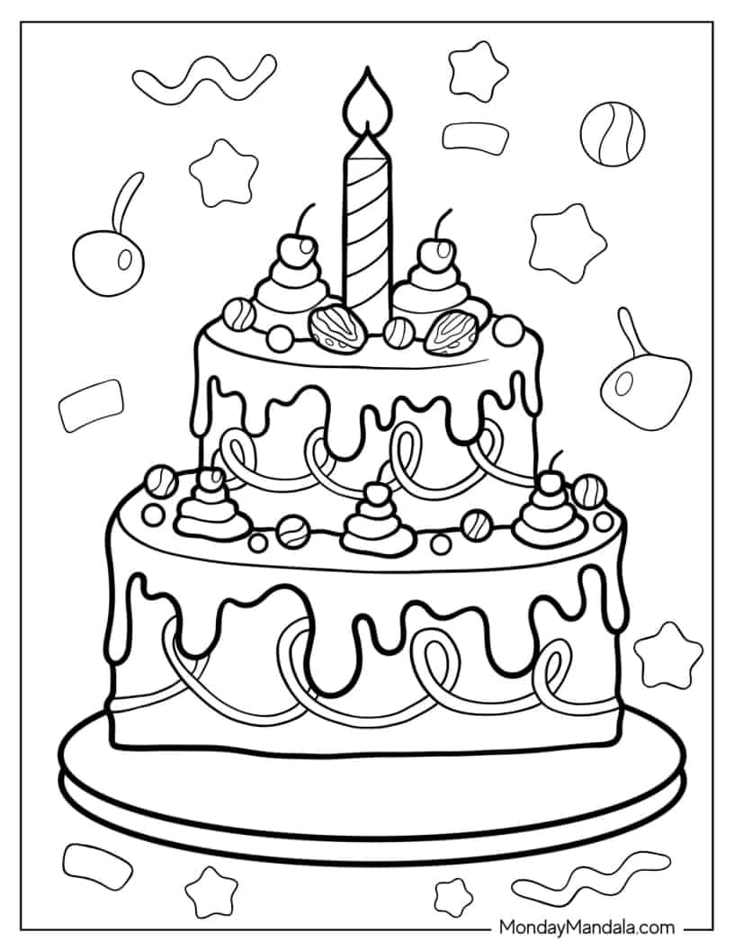 Two-Tiered Birthday Cake With Cherries coloring page