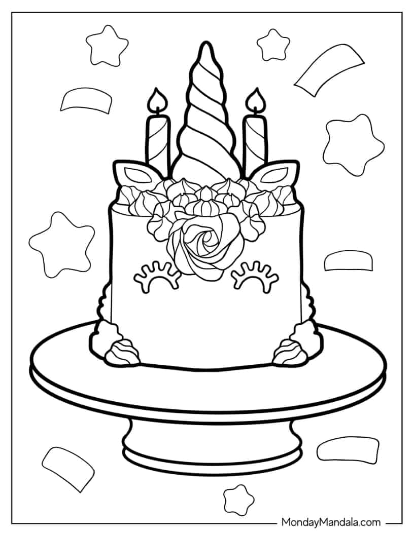 Unicorn Cake On Pedestal coloring page — printable line art