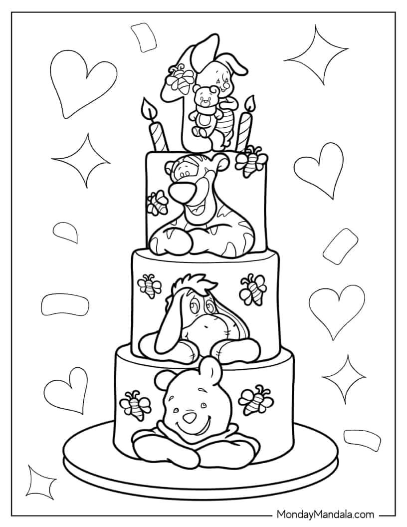 Winnie The Pooh Tiered Cake Coloring Page coloring page