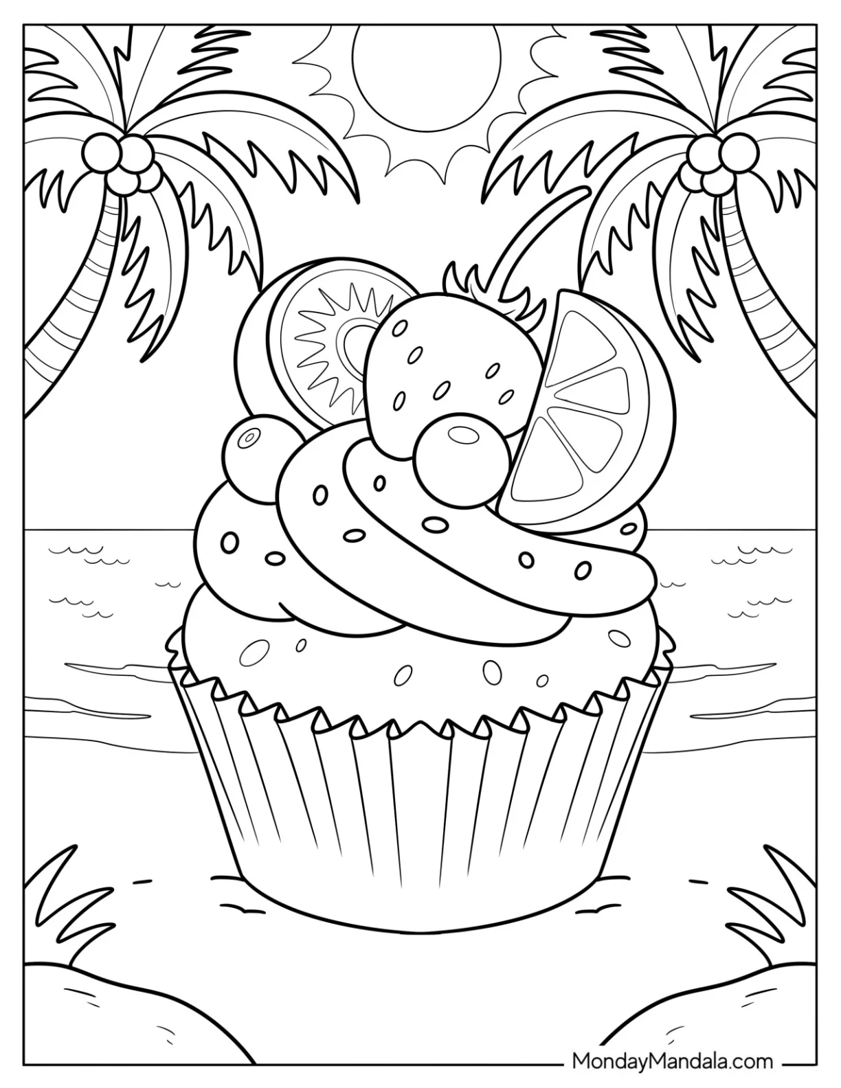 Beachside Cupcake Coloring Page with Tropical Fruits and Palm Trees coloring page — printable line art