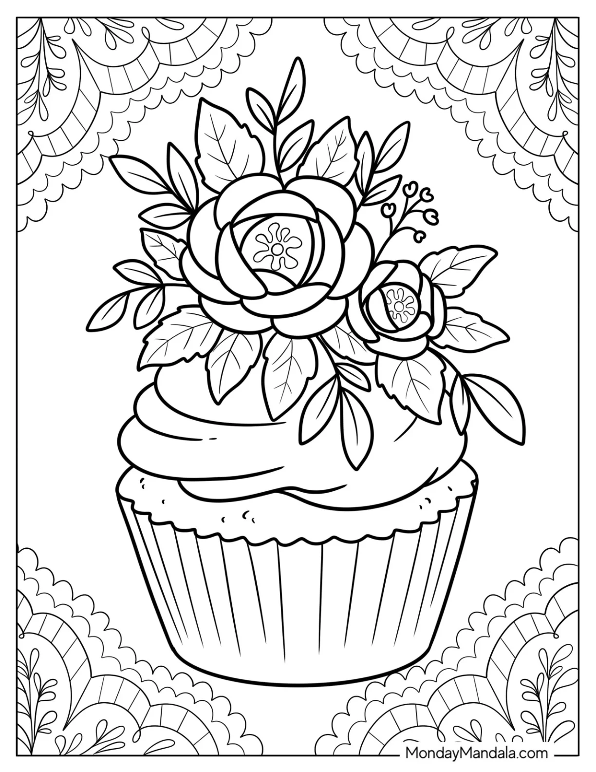 Beautiful Floral Cupcake Coloring Page with Large Petals and Decorative Border coloring page