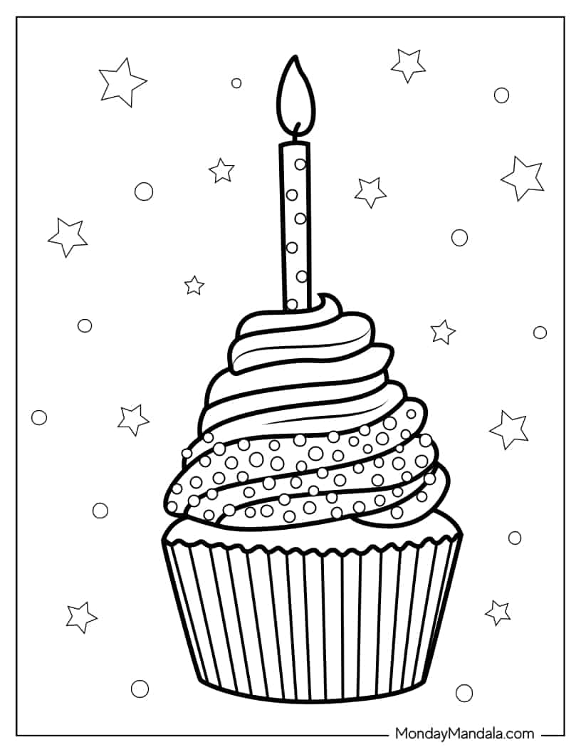 Birthday Cupcake With Candle coloring page — printable line art