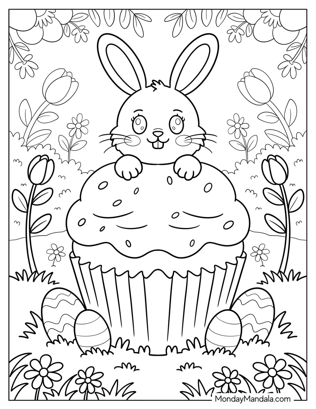Bunny Holding a Large Cupcake Coloring Page Surrounded by Easter Eggs coloring page — printable line art
