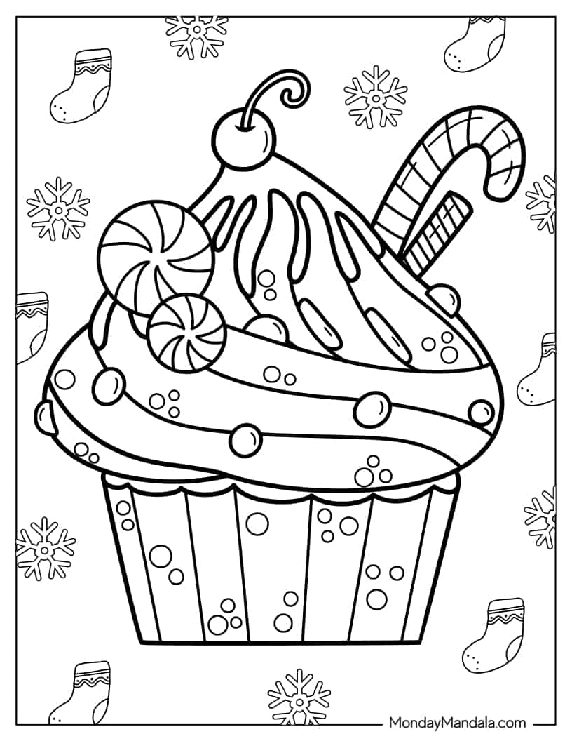 Christmas Cupcake With Candy Canes And Stockings coloring page