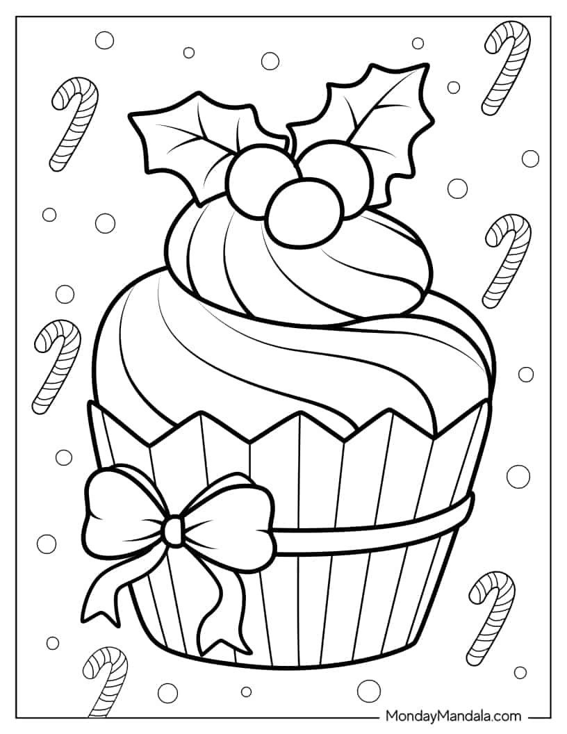 Christmas Cupcake With Ribbon And Mistletoe coloring page