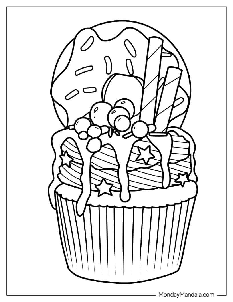 Coloring Page Of Cupcake With Donut To Color coloring page — printable line art