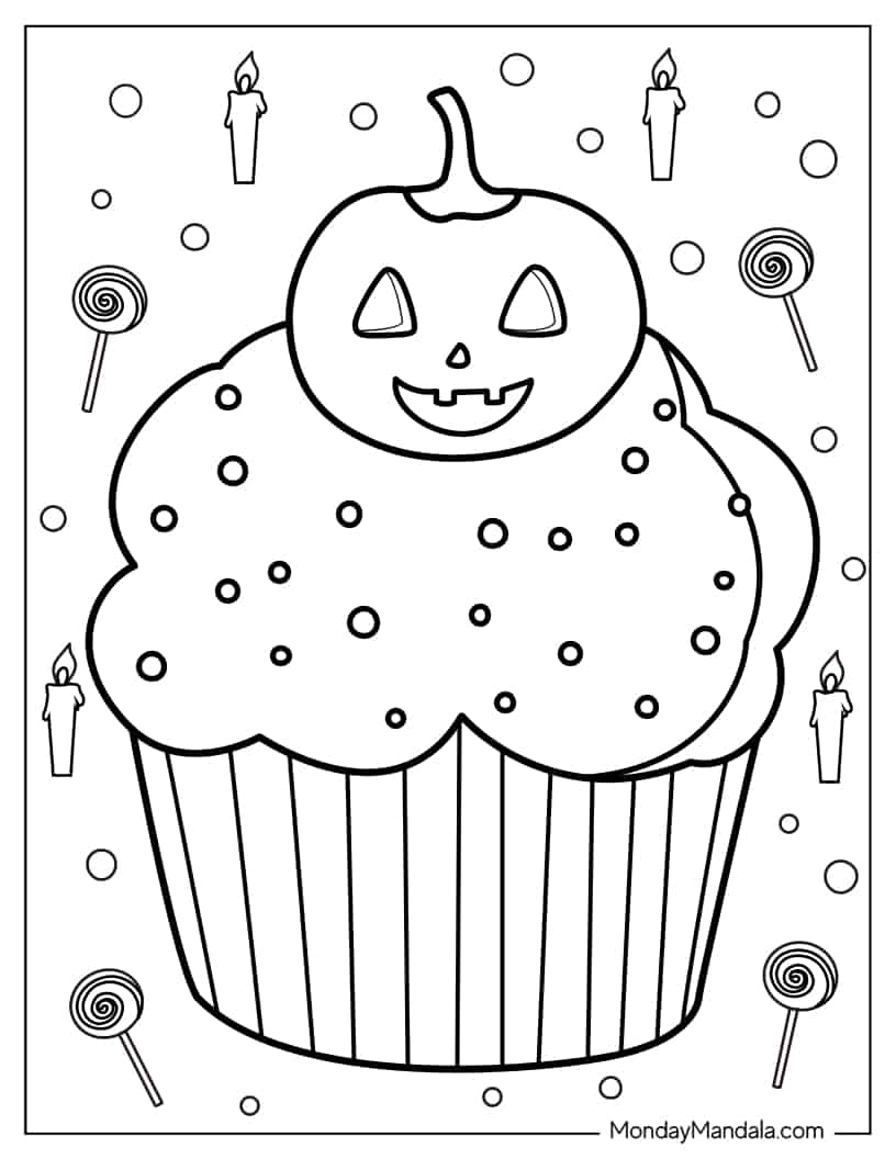 Coloring Page Of Halloween Cupcake With Jack O Lantern coloring page — printable line art