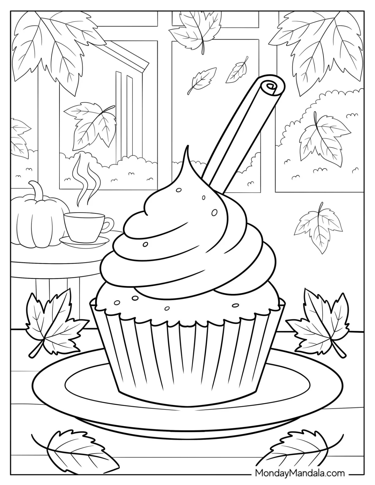 Cozy Pumpkin Spice Cupcake Coloring Page with Cinnamon Stick and Autumn Leaves coloring page — printable line art