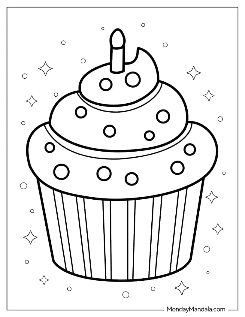 Cupcake With Birthday Candle To Color coloring page