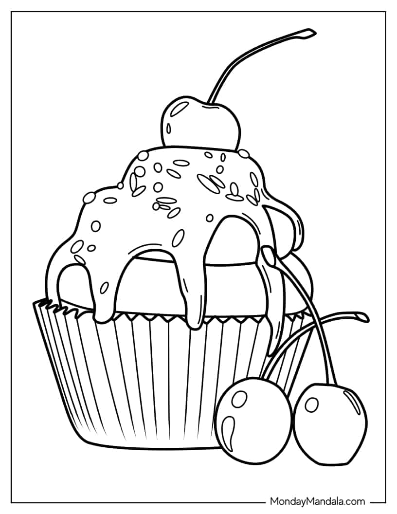 Cupcake With Cherries And Icing To Color coloring page