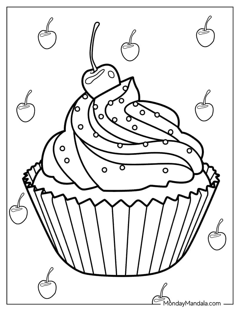 Cupcake With Cherries And Sprinkles To Color coloring page — printable line art