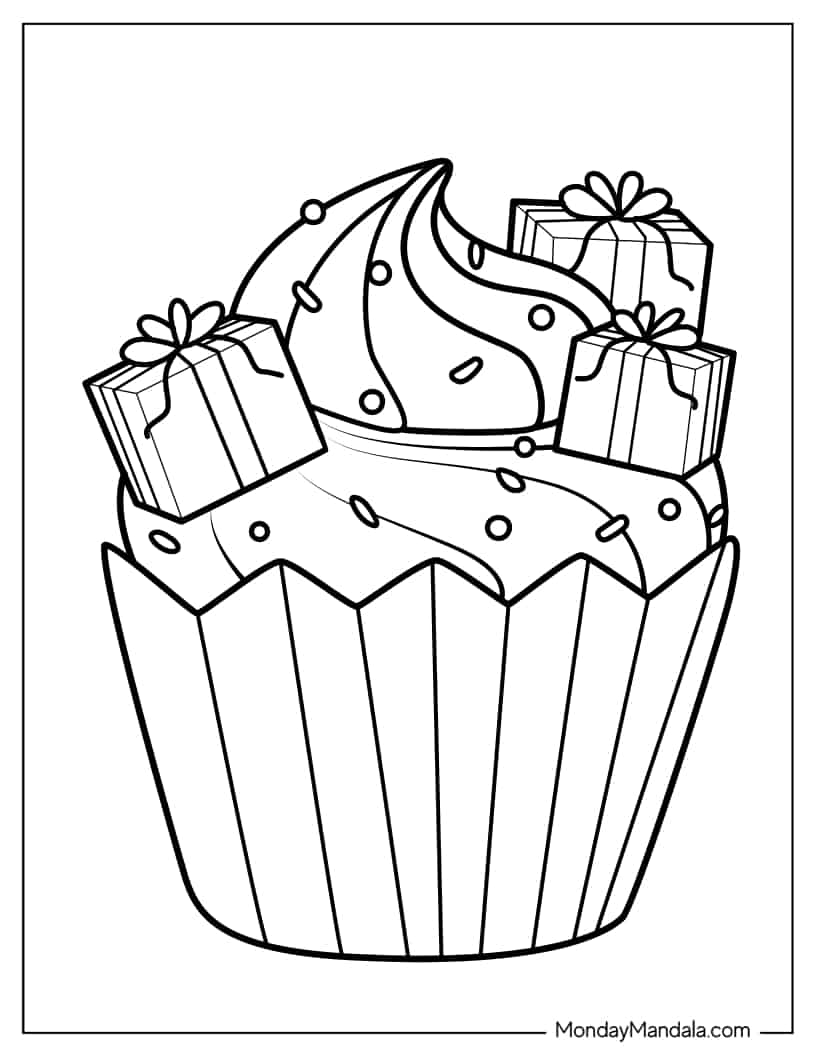 Cupcake With Delicious Icing And Sprinkles coloring page — printable line art