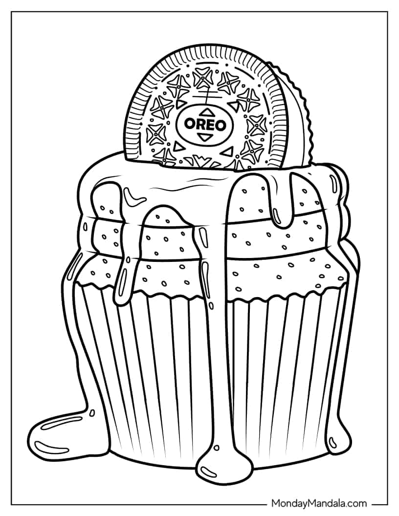 Cupcake With Melting Chocolate And Oreo To Color coloring page — printable line art