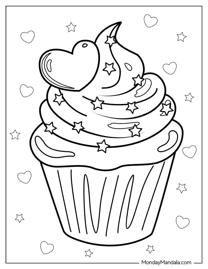 Cupcake With Stars And Love Heart To Color coloring page