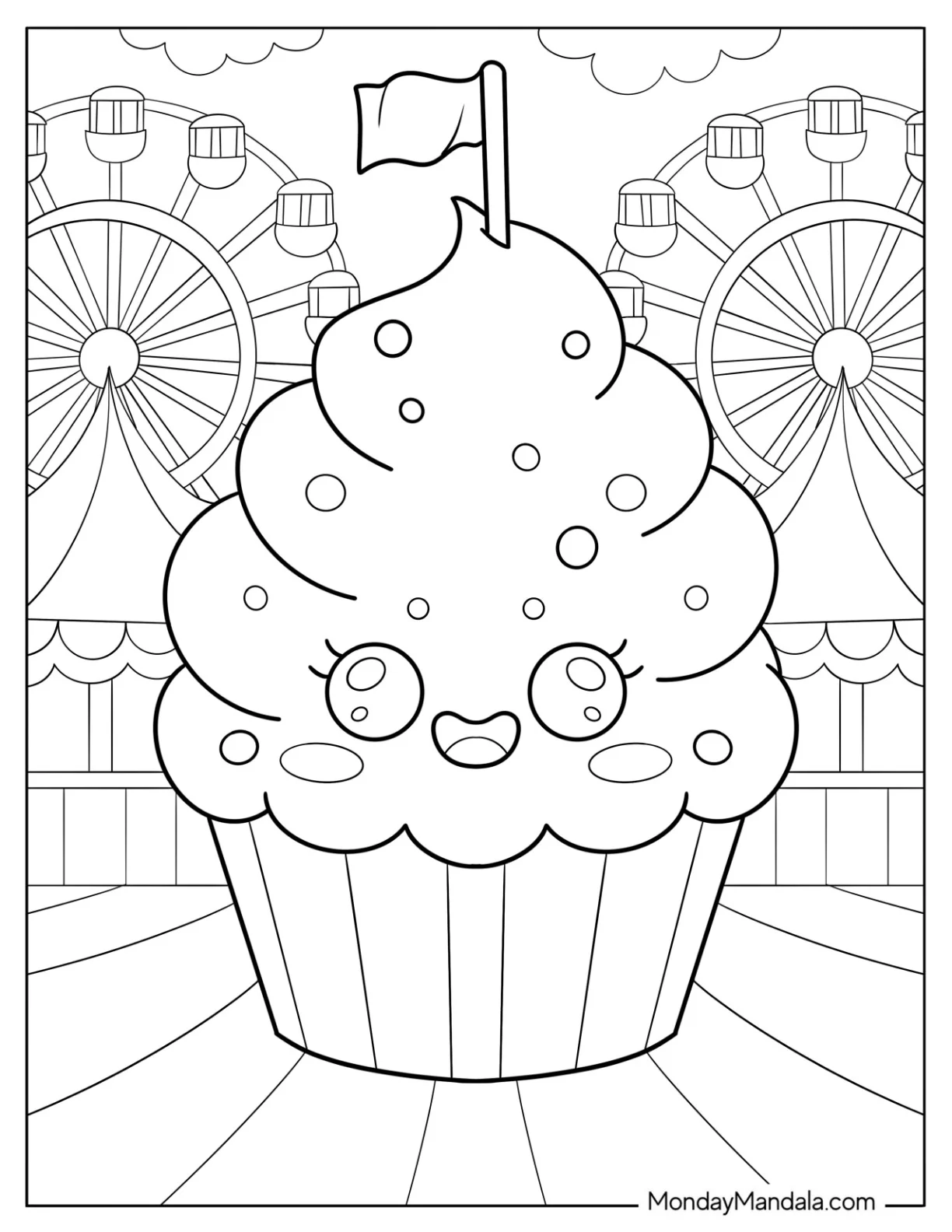 Cute Cupcake Coloring Page with Flag and Smiling Face at Carnival for Preschoolers coloring page