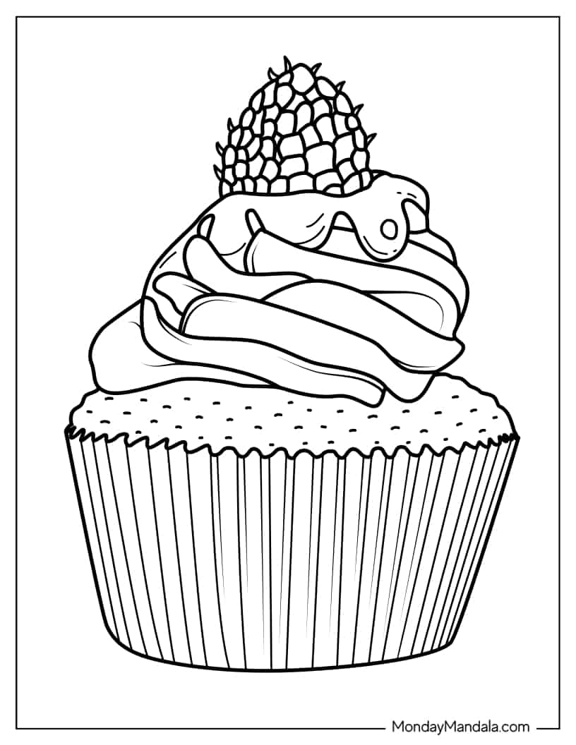 Easy Cupcake With Raspberry To Color coloring page