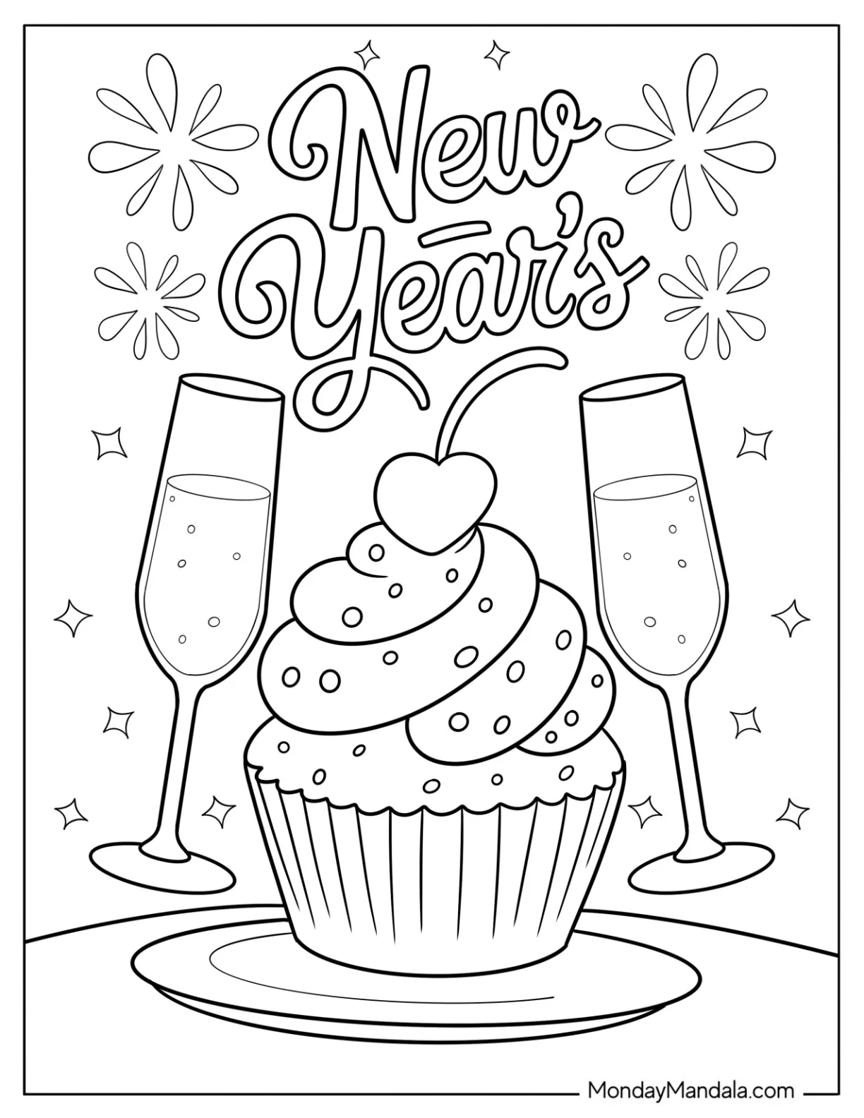 Elegant Cupcake Coloring Page on Plate with Cherry and Champagne Toast on New Year coloring page