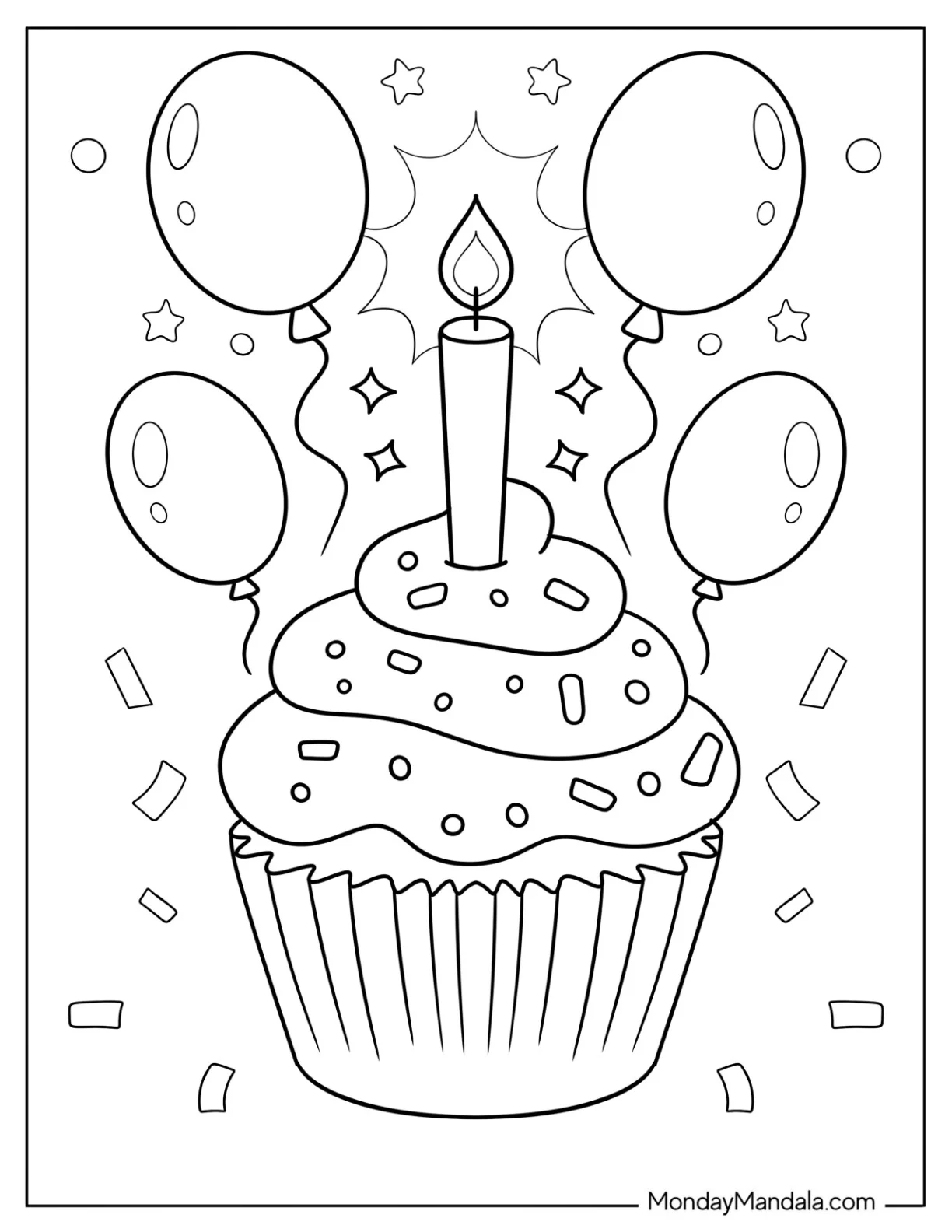 Festive Birthday Cupcake Coloring Page with Candle, Balloons, and Confetti for Kids coloring page