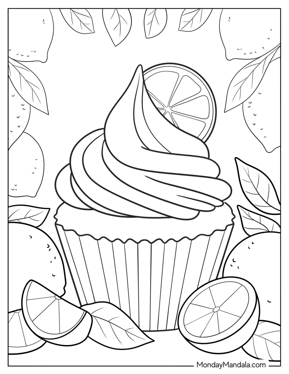 Fresh Lemon Cupcake Coloring Page with Citrus Slices and Leaves for Kids coloring page