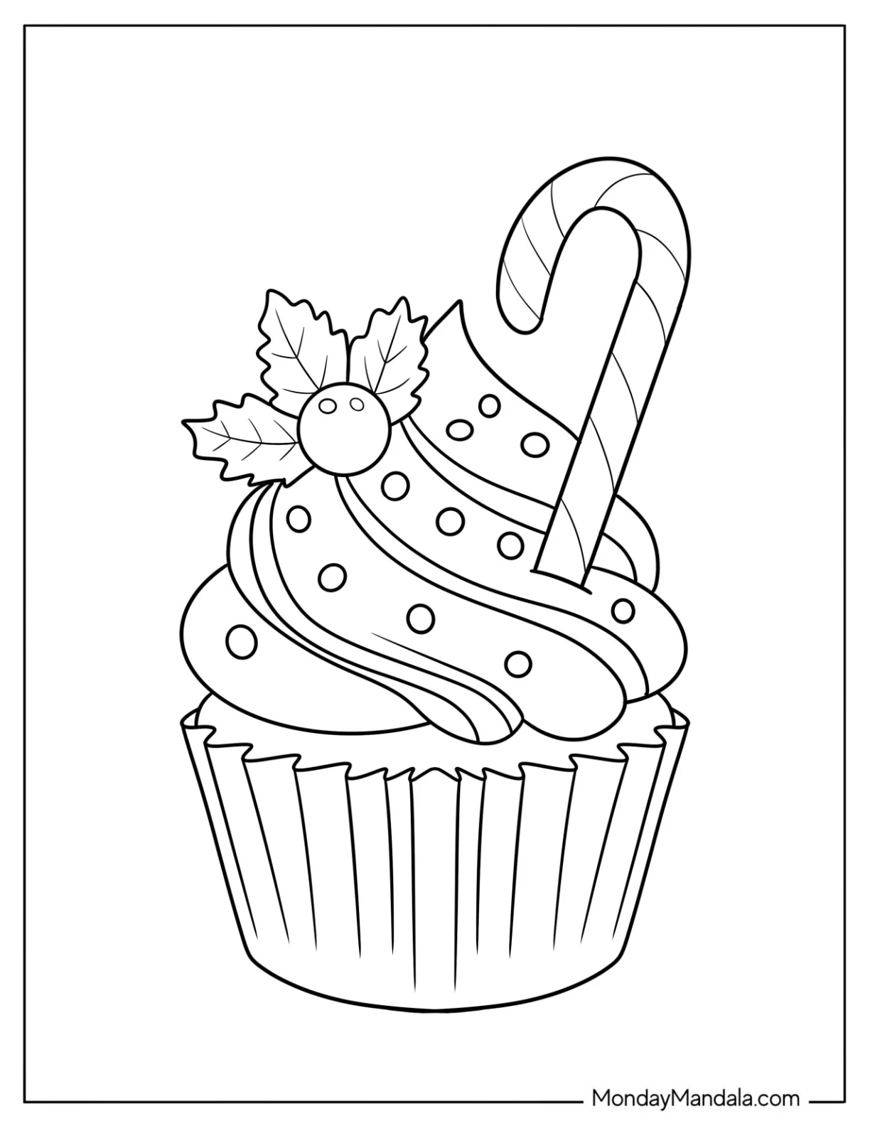 Holiday Cupcake Coloring Page with Candy Cane and Holly Berries for Kids coloring page