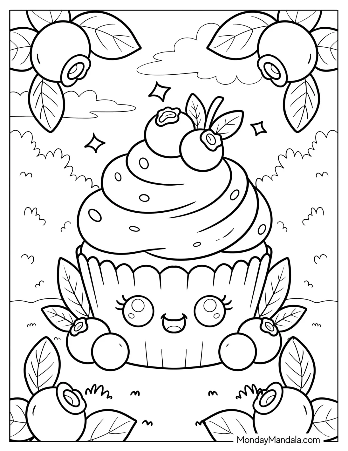 Kawaii Cupcake Coloring Page with Happy Face and Berry Toppings for Kids coloring page