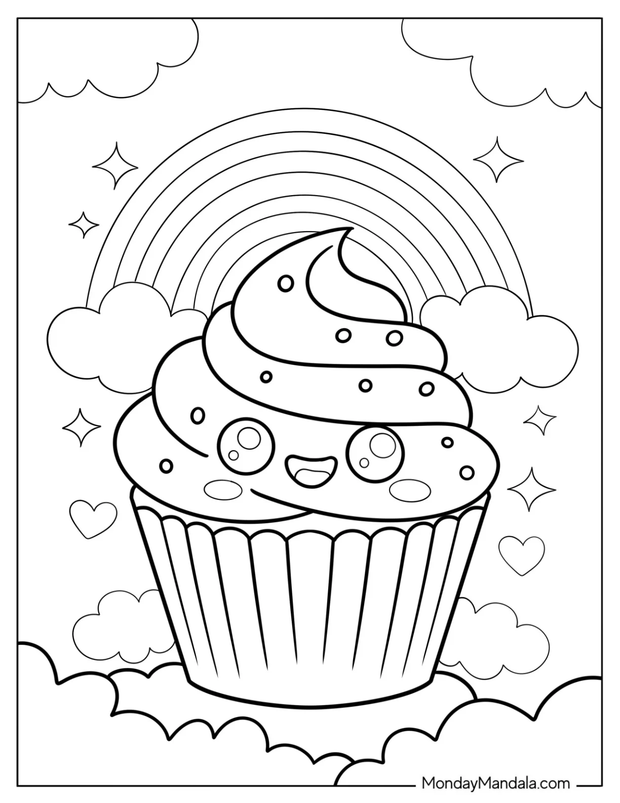 Magical Cupcake Coloring Page in the Clouds with Rainbow and Sparkling Stars coloring page