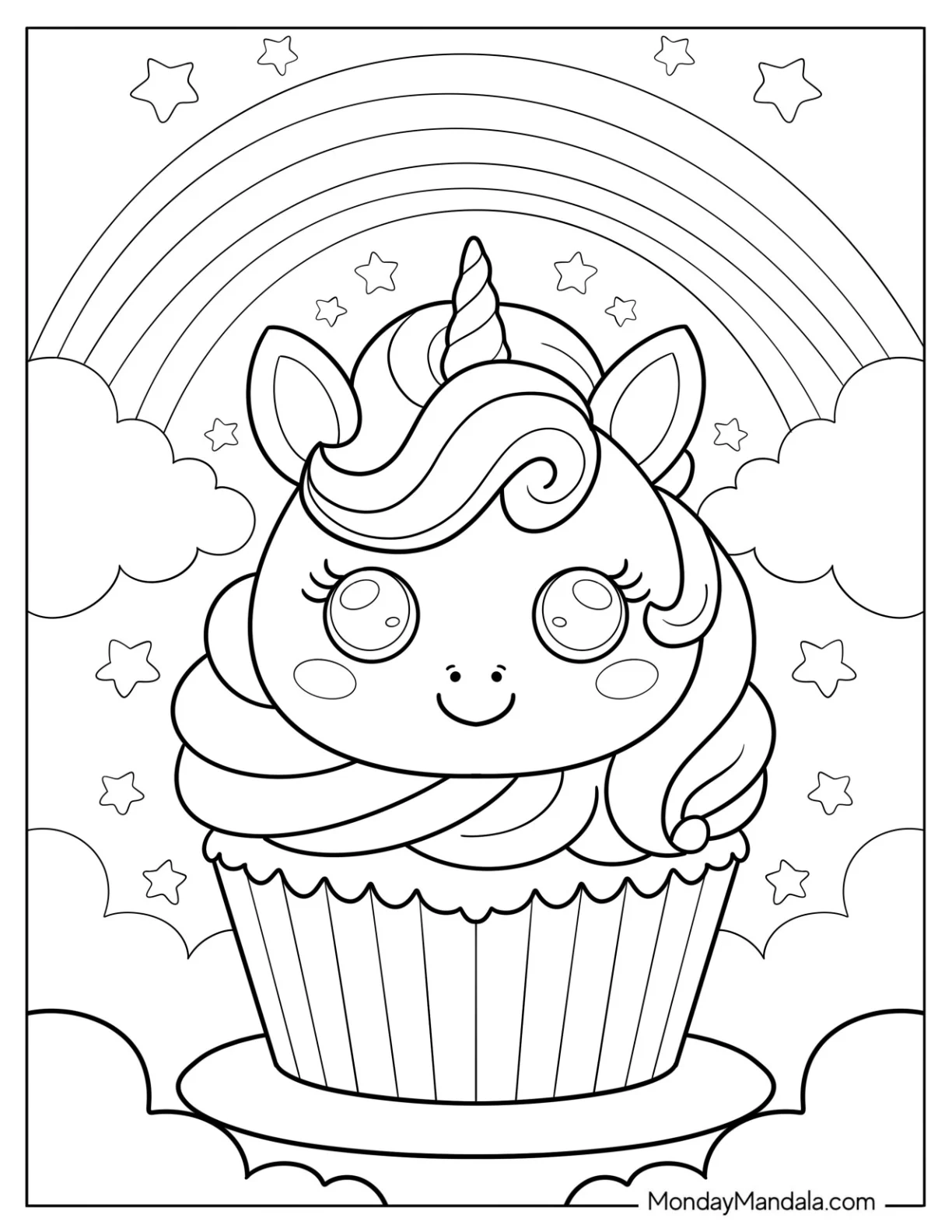 Magical Unicorn Cupcake Coloring Page in Cloudy Starry Night with Rainbow coloring page — printable line art