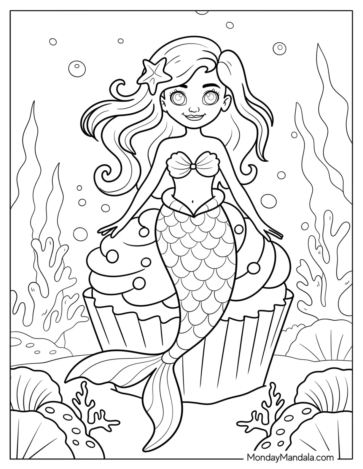 Pretty Mermaid Sitting on Underwater Cupcake Coloring Page for Kids coloring page — printable line art