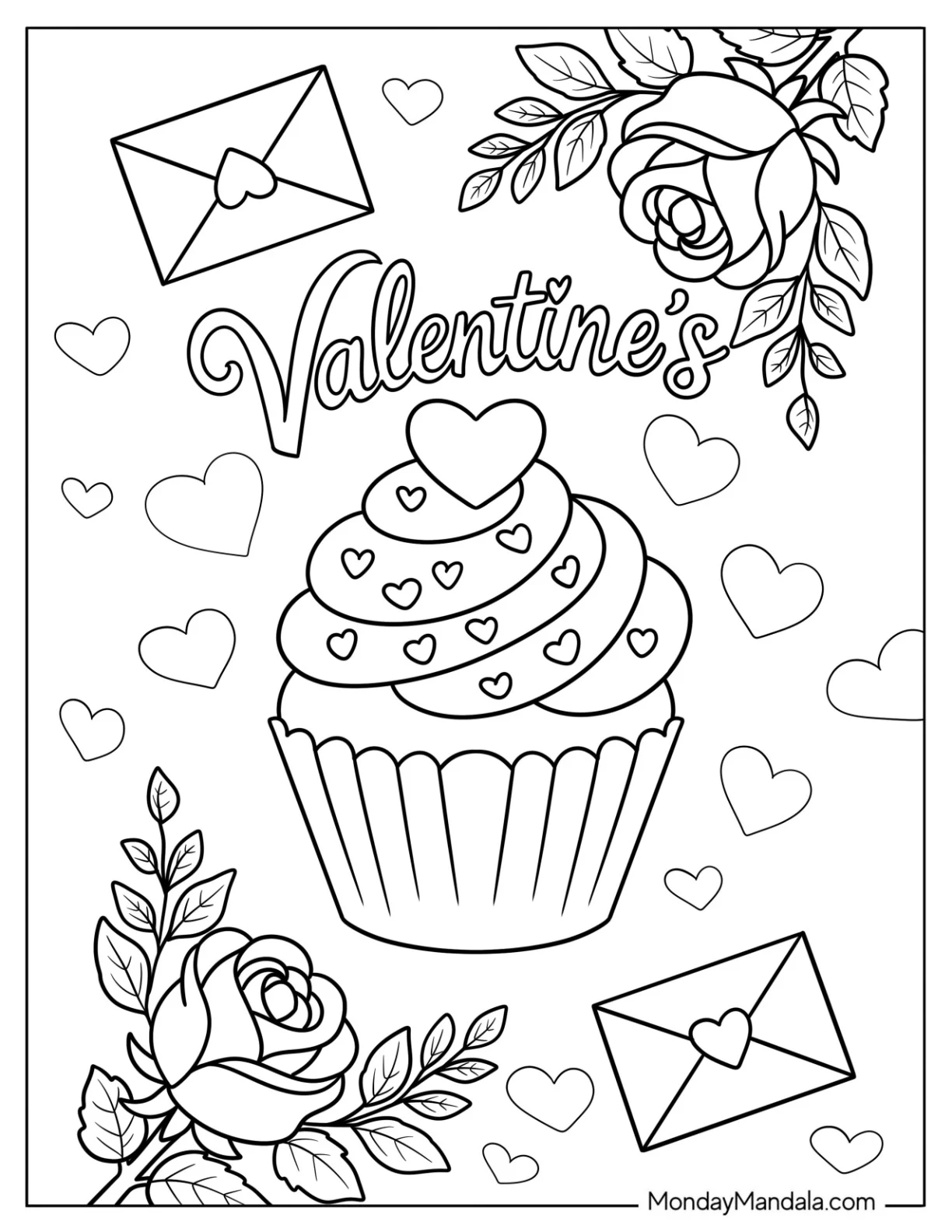 Romantic Valentine’s Cupcake Coloring Page with Hearts, Roses, and Love Letters coloring page — printable line art