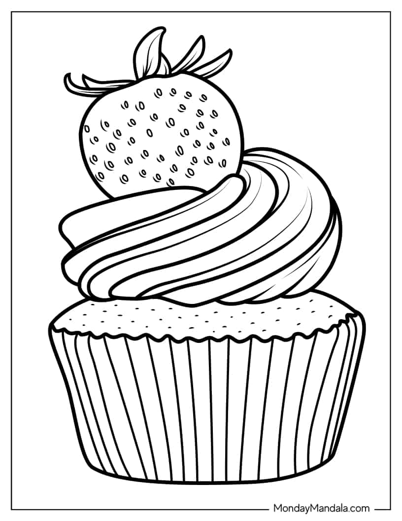 Simple Cupcake With Icing And Strawberry To Color coloring page