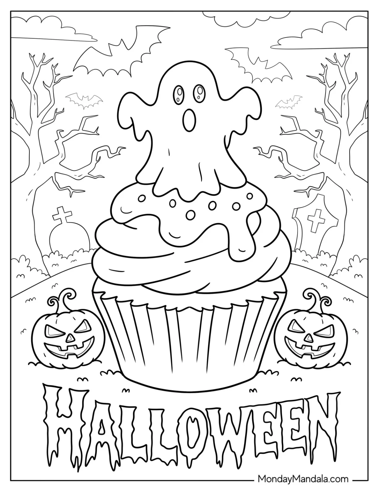 Spooky Halloween Cupcake Coloring Page with Ghost Topper and Jack o’ Lanterns coloring page — printable line art