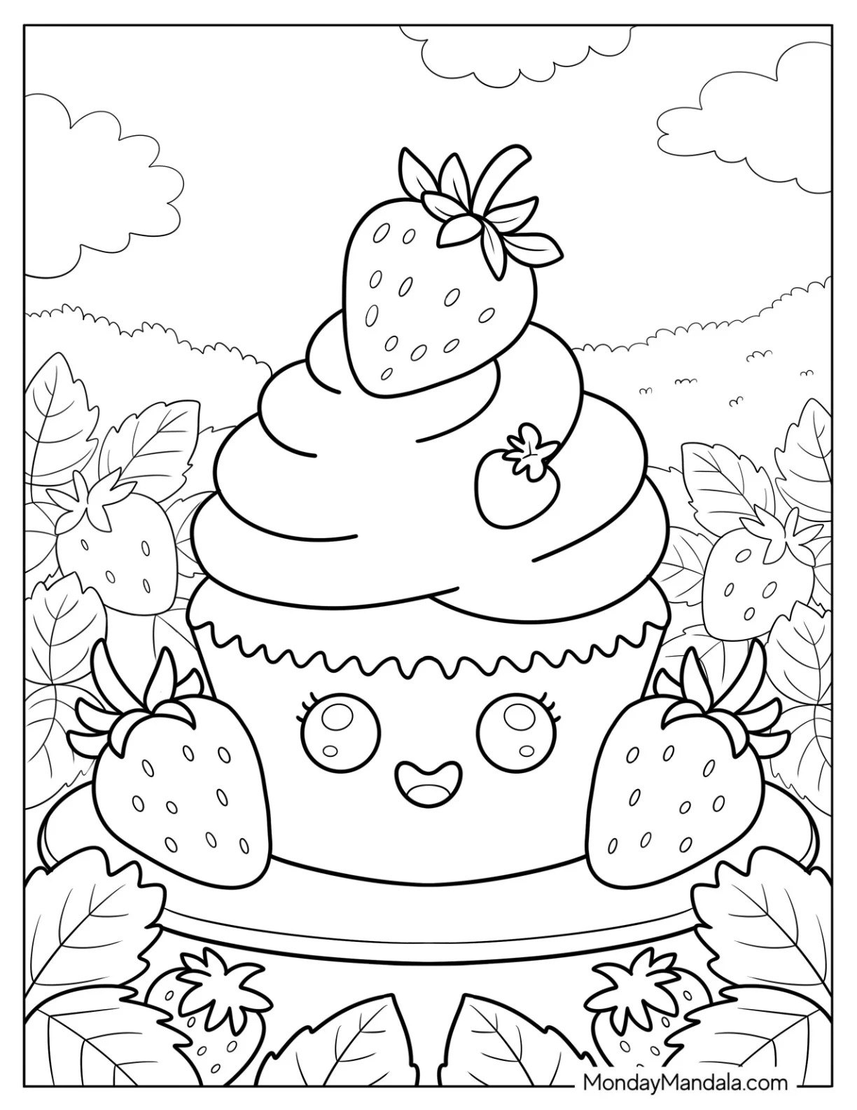 Sweet Cupcake Coloring Page Topped with Strawberries in a Berry Patch coloring page — printable line art
