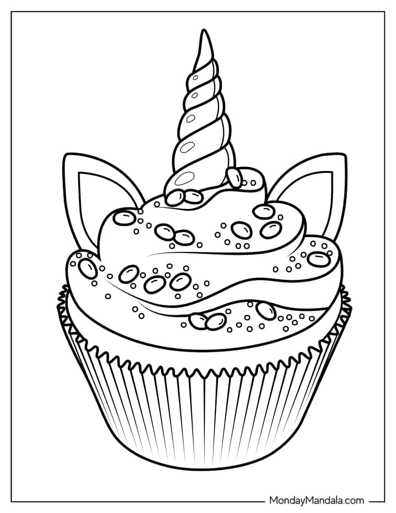 Unicorn Themed Cupcake coloring page