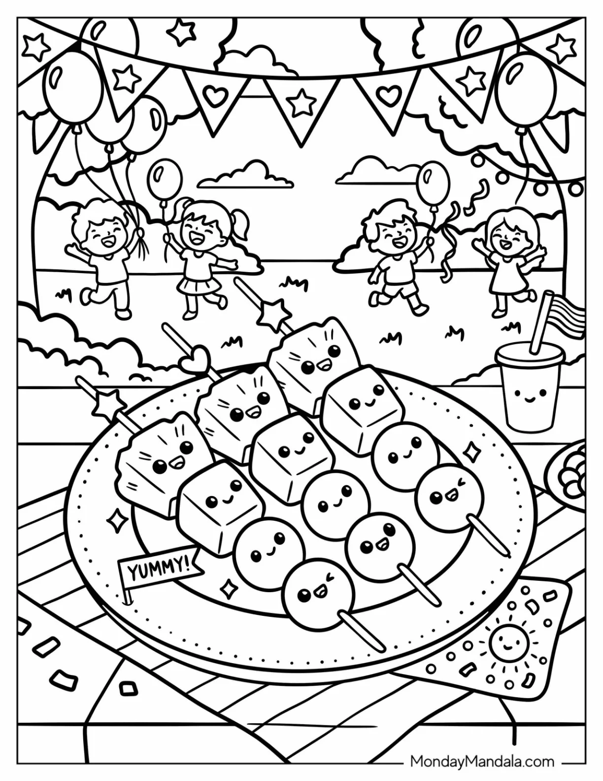 Birthday Party with a Plate of Fruit Skewers Coloring Page coloring page